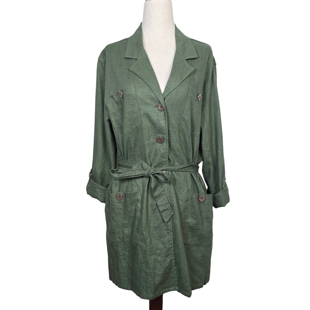 Jessica Holbrook‎ Womens Medium Green Linen Blend Safari Utility Belted Jacket